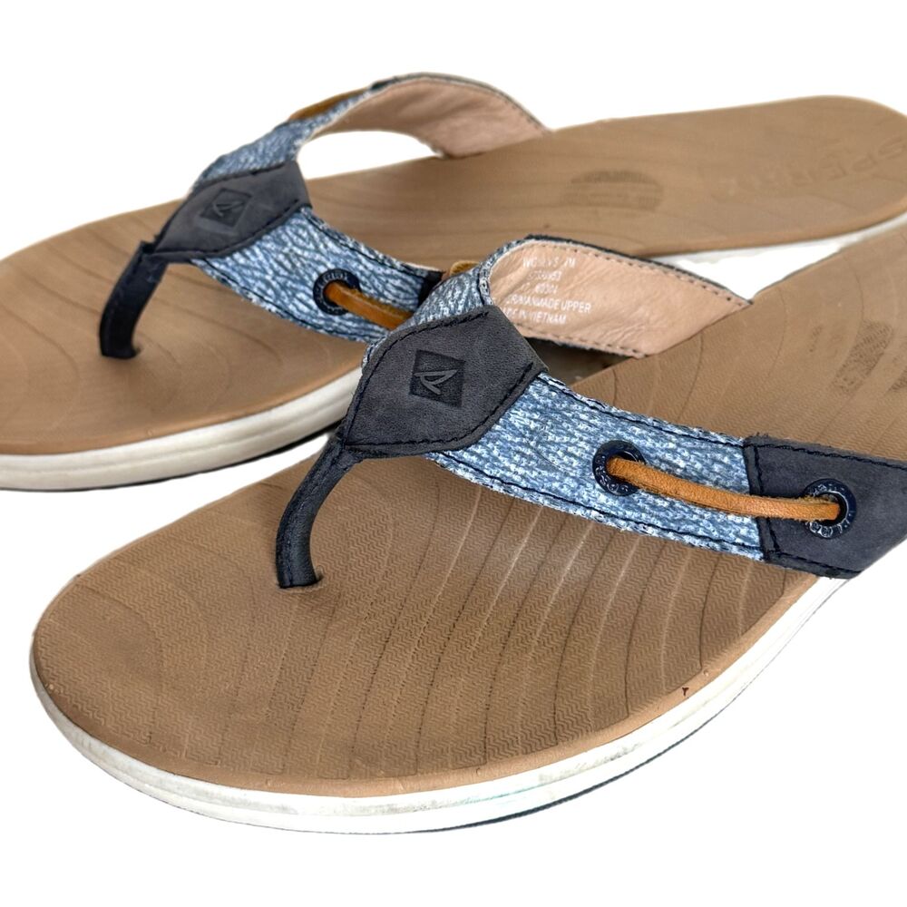 Sperry Top Sider Boat Shoes Womens 7 Sandals Flip Flops Nautical Blue Leather - Picture 3 of 12